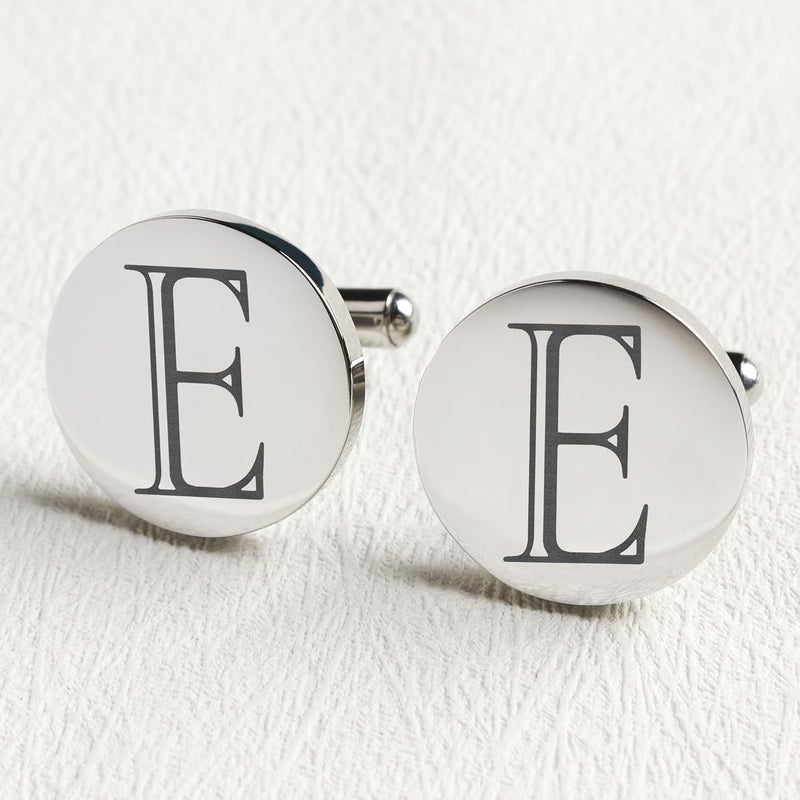 SeemDanten Mens Classic Initial Cuff links A-Z Alphabet 26 Letters Stainless Steel Silver CuffLinks with Engraved Walnut Wood Gift Box Business Wedding Set - Image 3